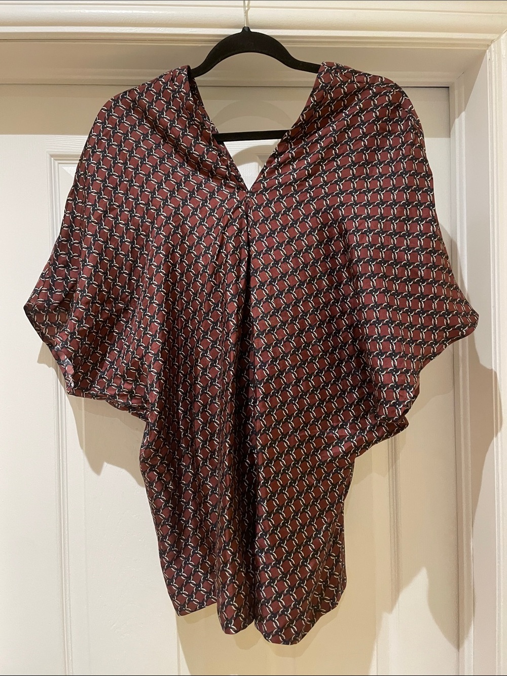 Façonnable Chain Print Twill Blouse Dolman V-Neck Draped Old Money